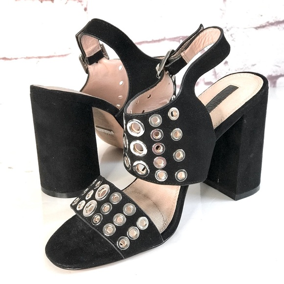 TOPSHOP Black Suede Silver Grommet Block Heel Ankle Strap Slingback Heel NWT 9.5 - Picture 3 of 16